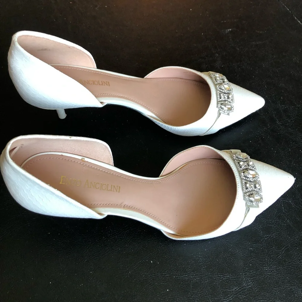 Enzo Angiolini White Pointed D'Orsay Heels with Crystal Buckle.  Eagabella.